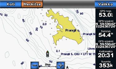 Kartat ja 3D-karttanäkymät Kalastuskartta Merikartta Kalastuskartta hyödyntää esiohjelmoidun BlueChart g2 Vision -SD-kortin yksityiskohtaisia syvyysmittaustietoja ja soveltuu parhaiten
