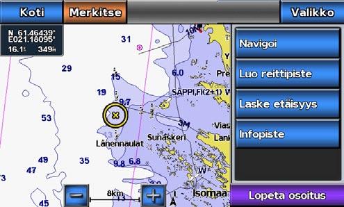 Navigointi 3. Kosketa määränpäätä kohdistimella ( ). Määränpää valittu 4. Valitse Navigoi > Reitti. 5. Kosketa kohtaa, johon haluat asettaa viimeisen käännöksen määränpäätä kohti ( ). 6.