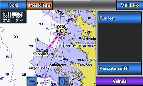 Lisää viimeksi käännös, jonka kohdassa haluat kääntyä ensimmäisen kerran nykyisen sijaintisi jälkeen. Sen pitäisi olla venettä lähimpänä oleva käännös. 8. Valitse Valmis, kun reitti on valmis. 9.