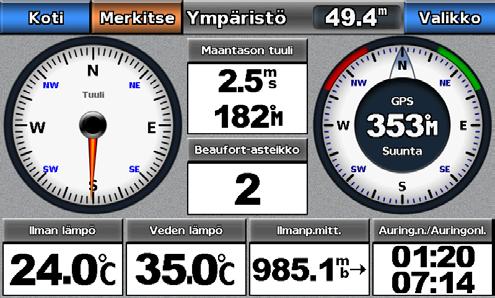 Kalenteri-, vene- ja ympäristötiedot 1. Valitse aloitusnäytössä Infopiste > Kojelaudan mittarit > Tuuli > Valikko > Muuta vastatuuliasteikko. 2.