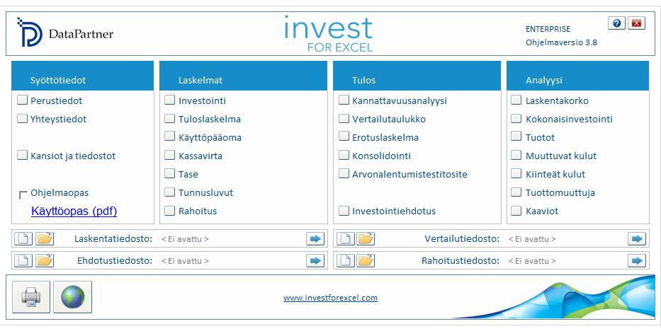 INVEST FOR EXCEL KOTIRUUTU Invest for Excel avautuu kotiruutuun. Ulkoasu voi hieman vaihdella riippuen käytössäsi olevasta Invest for Excel versiosta.