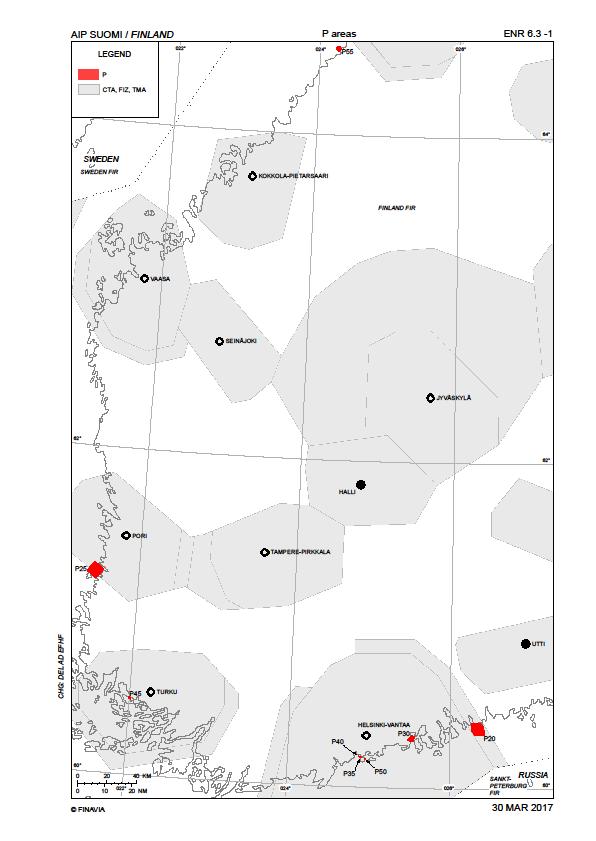 Kuva 8. Kielletyt R-alueet (oranssilla) Kuva 9. kielletyt P-alueet (punaisella) 7.7.4 Ilmakuvauslupa Laajoja alueiden (yli 10 km 2 ) ilmakuvaus on luvanvaraista toimintaa.