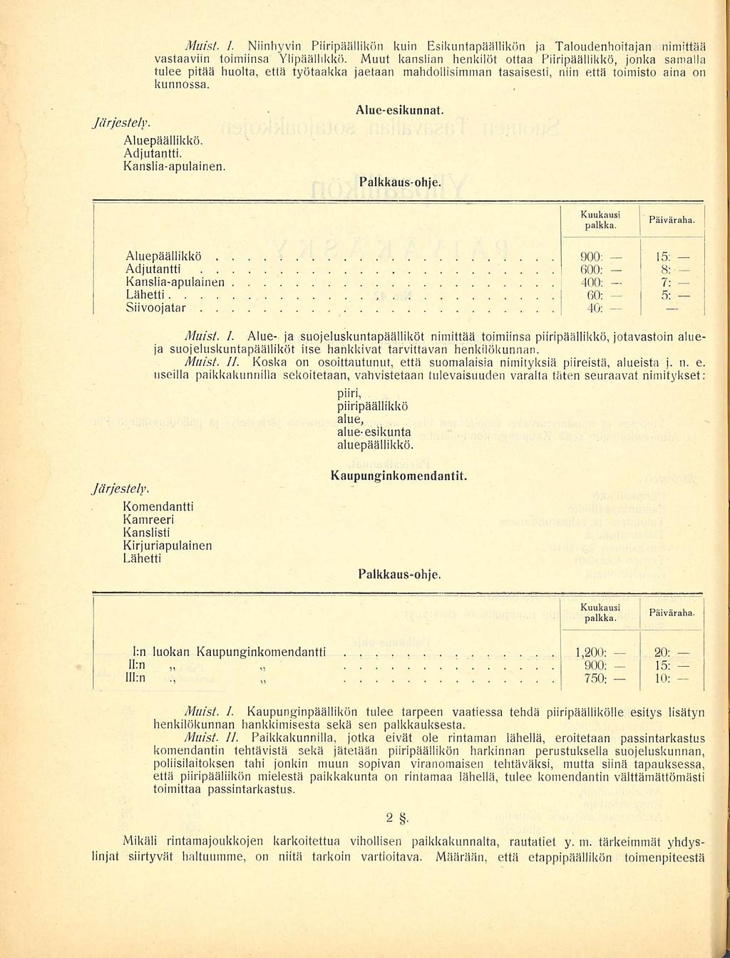 Muist. /. Niinhyvin Piiripäällikön kuin Esikuntapäällikön ja Taloudenhoitajan nimittää vastaaviin toimiinsa Ylipäällikkö.