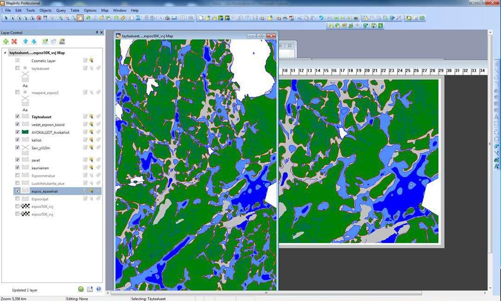 5.7.2012 5 (6) Kuva 3. Valmiit geologin luokittelemat alueet. MapInfossa annettiin alueille karkeasti ne värit, joita haluttiin lopputulokseen.