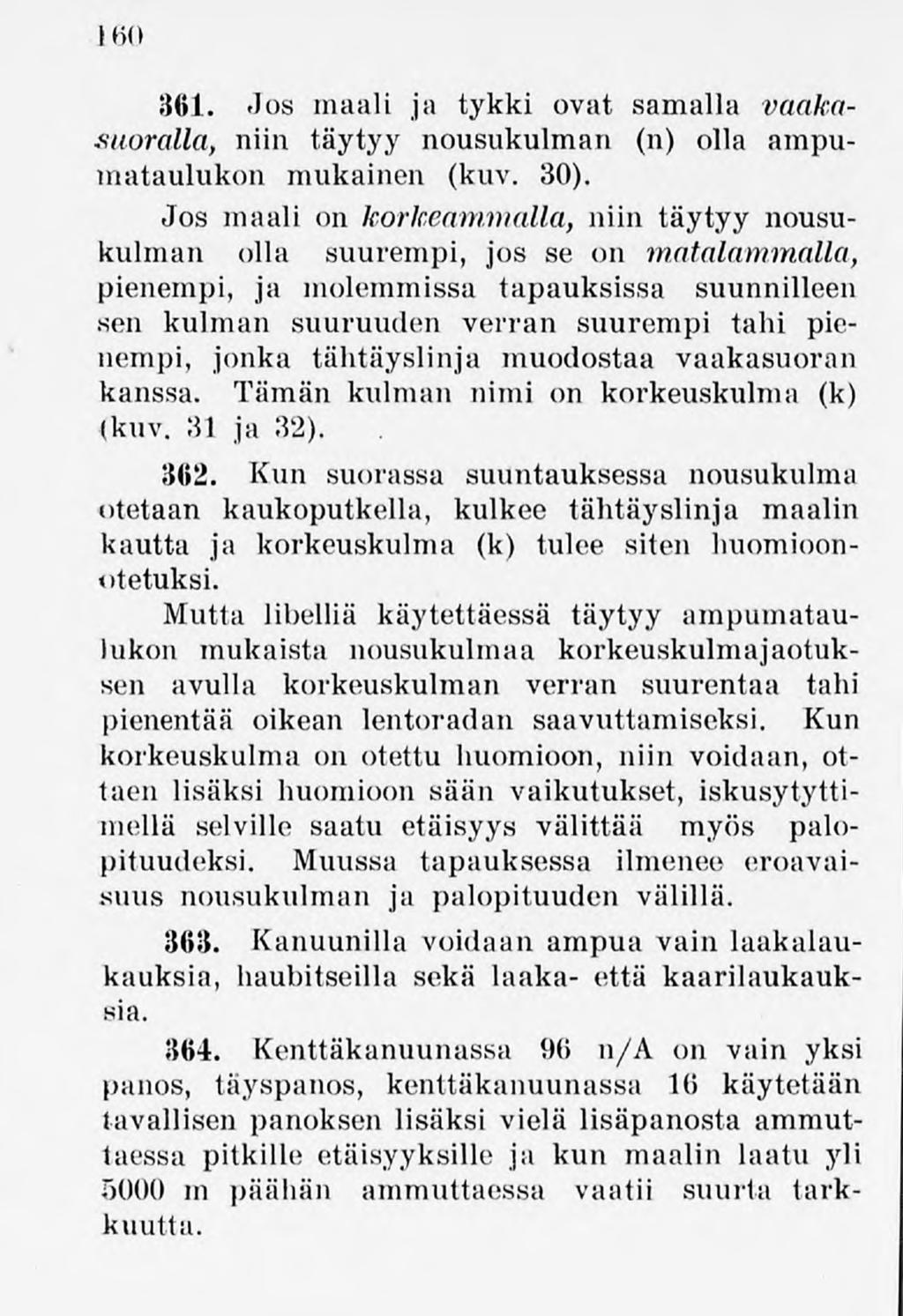 160 361. Jos maali ja tykki ovat samalla vaakasuoralla, niin täytyy nousukulman (n) olla ampumataulukon mukainen (kuv. 30).