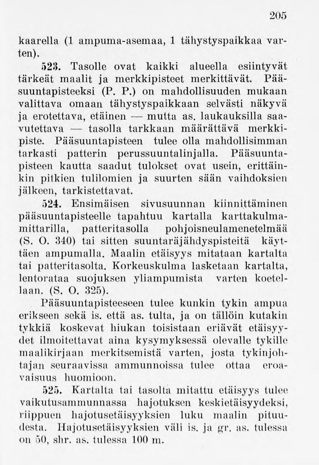 205 kaarella(1 ampuma-asemaa,1 tähystyspaikkaa varten). 523. Tasolle ovat kaikki alueella esiintyvät tärkeät maalit ja merkkipisteet merkittävät. Pä