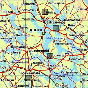 Alakartalla näkyvät maakunnan perhosruudut (keltainen= 1-9 havaintovuotta, vaaleanvihreä= 10-19 havaintovuotta, tummanvihreä= 20-25 havaintovuotta).