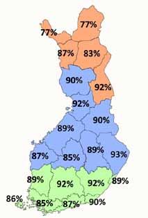 25 vuoden seuranta-aineiston lajistollinen kattavuus ei poikkea merkittävästi Ahvenanmaalta Lappiin (kuva 42).