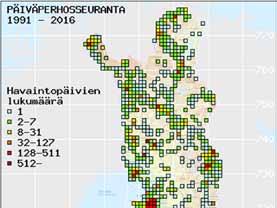 Valtakunnallisen päiväperhosseurannan havaintotiedot vuosina 1991-2015. Seurannan taso on vakiintunut ensimmäisen viisivuotisjakson jälkeen.