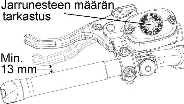 MOOTTORIKELKAN HUOLTO Jarrut Jarrujen huolto Tarkasta aina ennen ajamaan lähtemistä jarruvivun liikerata puristamalla jarruvipua. Se ei saa painua 13 mm lähemmäs ohjaustangon tuppea.