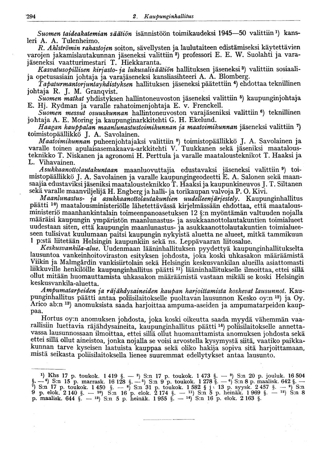 294 2. Kaupungi nhallitus Suomen taideakatemian säätiön isännistöön toimikaudeksi 1945 50 valittiin 1 ) kansleri A. A. Tulenheimo. R.