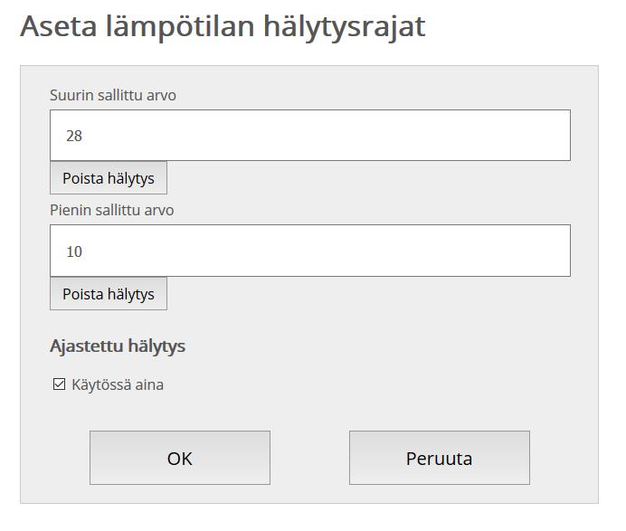 5.3. Hälytykset Käyttäjä voi asettaa hälytyksiä esimerkiksi lämpötilan ja kosteuden seuraamisen avuksi.