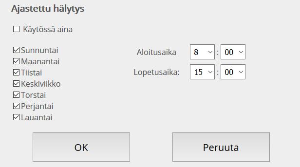 5.3.1. Ajastetut hälytykset Användaren kan ställa in anpassade tidsinställda larm på vissa dagar. Tidsinställda larm kan aktiveras genom att avmarkera Alltid tillgänglig från kryssrutan.