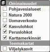 Näyttää käytössä olevan mittajanan. Painiketta napauttamalla, näytölle avautuu karttatasovalikko. KARTTATASOT Karttatasovalikosta voidaan valita kartan ominaisuuksia ja kartalla näkyviä merkintöjä.