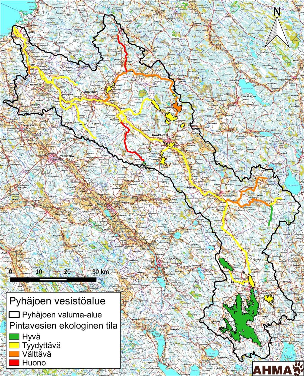 11 Pyhäjoen yhteistarkkailu 2016 Kuva 3-1. Pyhäjoen valuma-alueen pintavesien ekologinen tila ympäristöhallinnon Herttajärjestelmän mukaisesti (27.3.2017).