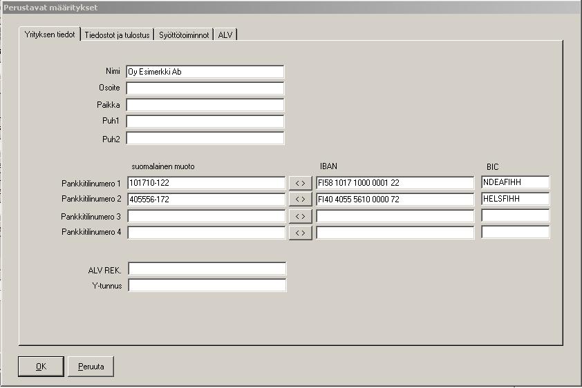 IBAN JA BIC Määritä Perustiedot -kohdassa on nyt syötettävissä myös yrityksen IBANit ja BICit.
