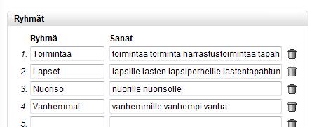 Ryhmien luonti Voit luoda ryhmiä valitsemalla samantyyppisiä sanoja sanapilvestä. Tämä mahdollistaa vastausten kategorisoimisen ja helpottaa analysointia.