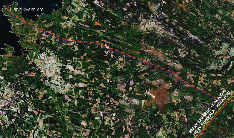 Google Mapsin kuva suunnitellusta lähiliitynnän johtoreitistä Pyhäjoen