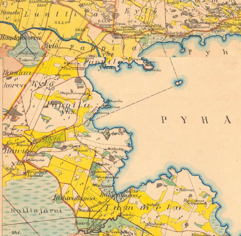 Pitäjänkartat 1922 Pitäjänkartta vuodelta 1922 ei mittakaavassa Vuoden 1922 pitäjänkartoissa tilanne on jokseenkin vastaava kuin venäläisissä topografikartoissa, mutta ensimmäiset vapaa-ajanasunnot