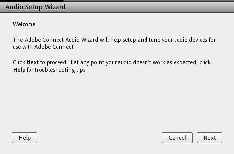Ennen varsinaisen neuvottelun alkua kannattaa tehdä äänten testaus ja säätö: Klikkaa yläpalkista Meeting, Audio Setup Wizard.