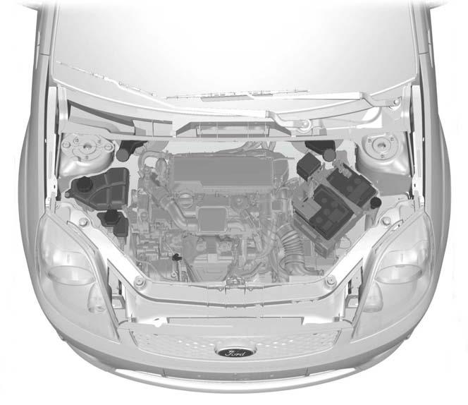 Huolto MOOTTORITILAN YLEISKATSAUS - 1.4L DURATORQ-TDCI (DV) DIESEL A B C D E F J I H G E90585 A B C D Jäähdytysnestesäiliö * : Katsokaa Moottorin jäähdytysnesteen tarkistus (sivu 110).