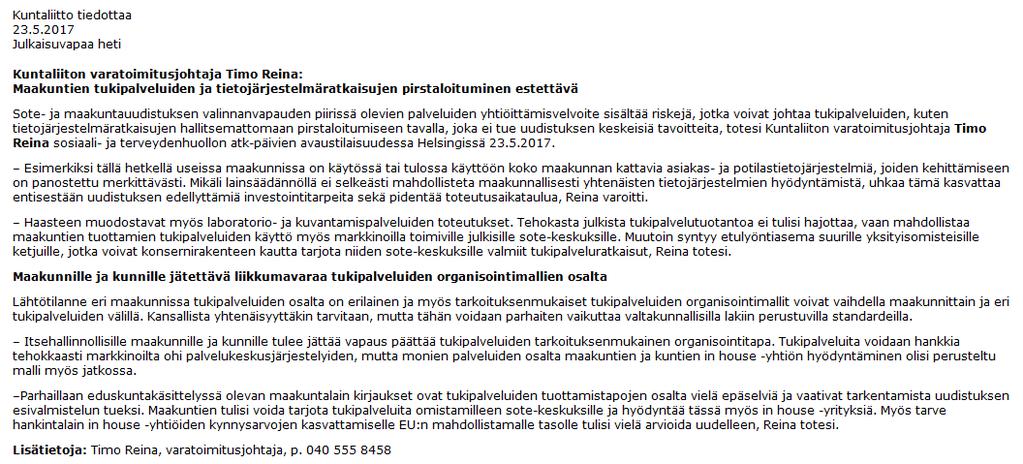 Tukipalveluiden tuottaminen Kuntaliiton tiedote 23.5.2017 Tiedote käsittelee em.