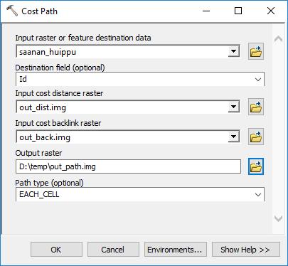 Kustannuspinta-esimerkki: Cost Path Itse reitti lasketaan suuntarasterin avulla käyttäen Cost Path -toimintoa Reitin kohdepiste Edellä laskettu