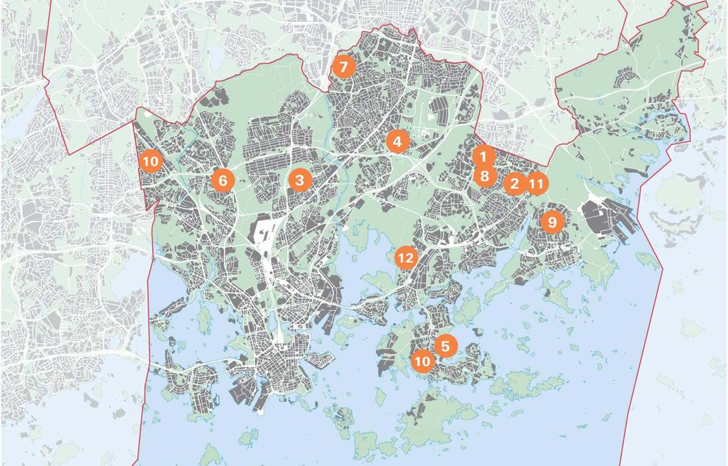 Tärkeimmät suunnittelukohteet vuosina 2013-2015: 1. Kontula 2. Mellunmäki 3. Patola 4. Ala-Malmi Longinojanlaakson ympäristö 5. Laajasalo 6. Pohjois-Haaga 7. Siltamäki 8. Kontulan keskus 9.