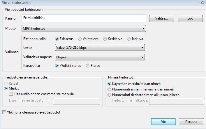 C-KASETIN DIGITOINTI JA ÄÄNITIEDOSTOKSI TALLENTAMINEN 5 5. Valitse Tiedosto -> Vie raidat eri tiedostoihin. 6. Avautuvassa ikkunassa valitse: tallennuspaikka ( esim.