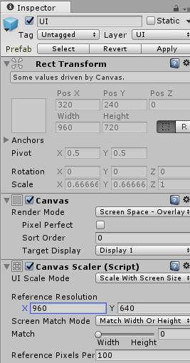 KUVIO 11. UI Canvaksen asetukset Canvaksen Render Modeksi valittiin Screen Space Overlay. Tämä siksi, että UI-elementit pysyvät Scenen päällä.