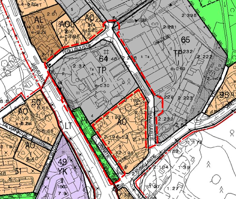 23 Asemakaava Voimassa olevassa asemakaavassa alue on pääosin pienteollisuusaluetta (TP). Rakentamistehokkuus on e=0,30.