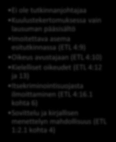 ETL 7:14 ja 15) Ilmoitus sosiaaliviranomaiselle (ETL 7:16) Suppea esitutkinta Ei ole tutkinnanjohtajaa Kuulustekertomuksessa vain lausuman pääsisältö lmoitettava asema esitutkinnassa (ETL 4:9) Oikeus