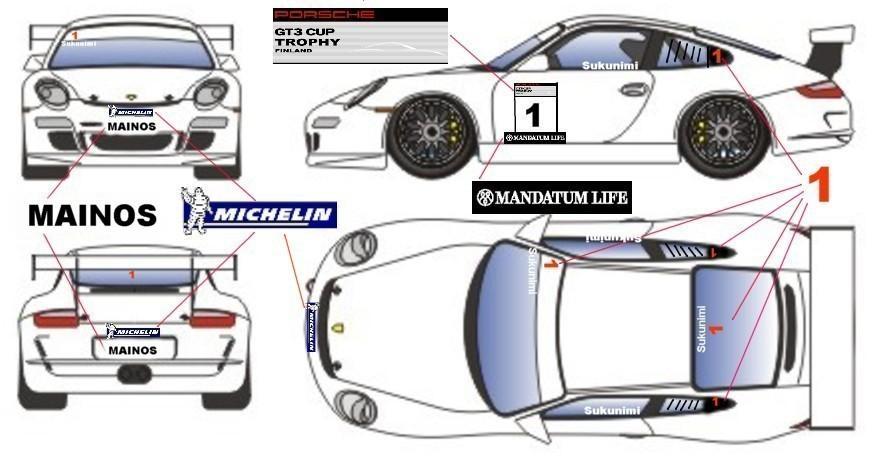 LIITE 1 Pakollisten tarrojen sijainti Säännöt 2013 Kaikissa autoissa, jotka kilpailevat Porsche GT3 Cup Trophy Finland -Sarjassa on oltava tarrat alla esitetyn mukaisesti: Järjestäjä antaa yhdet