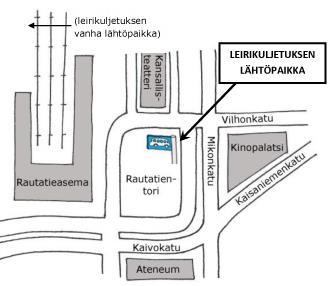 Paikka on Mikonkadun tilausajopysäkki, joka sijaitsee aivan Rautatientorin reunalla Mikonkadun puolella Casino Helsinkiä vastapäätä. Leirin ohjaaja on paikalla noin puoli tuntia ennen lähtöaikaa.