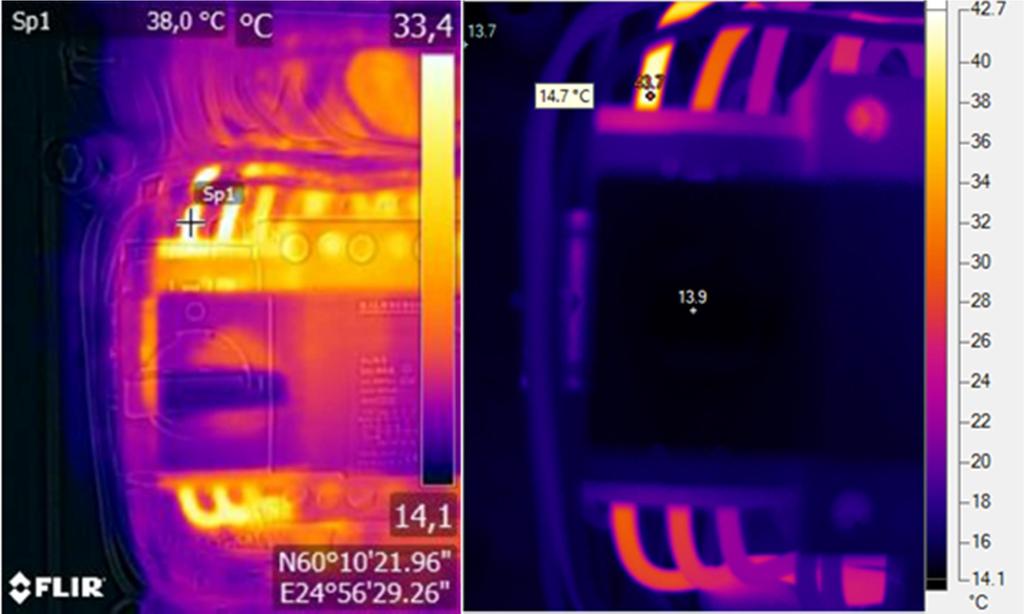 25 (39) Kuva 12. Pääkytkimen lämmennyt 1.vaihe. Vasemmalla Flir One, oikealla Fluke ti450.