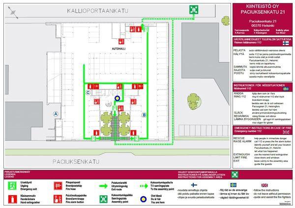 Sivu 15 / 49 3. Rakennuksen turvallisuusjärjestelyt 3.1. Turvallisuuskartat Turvallisuuskartat ovat opastepiirustuksia, joihin on merkitty hätätilanneohjeiden lisäksi turvallisuuteen liittyviä tietoja.
