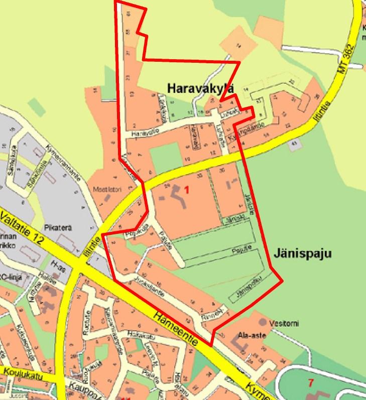 1 PERUS- JA TUNNISTETIEDOT 1.1 Kaava-alueen sijainti Alue sijaitsee Valtatien 12 pohjoispuolella. Etelässä alue rajautuu valtatiehen ja koulun alueeseen. Lännessä rajana on Vatajantie.