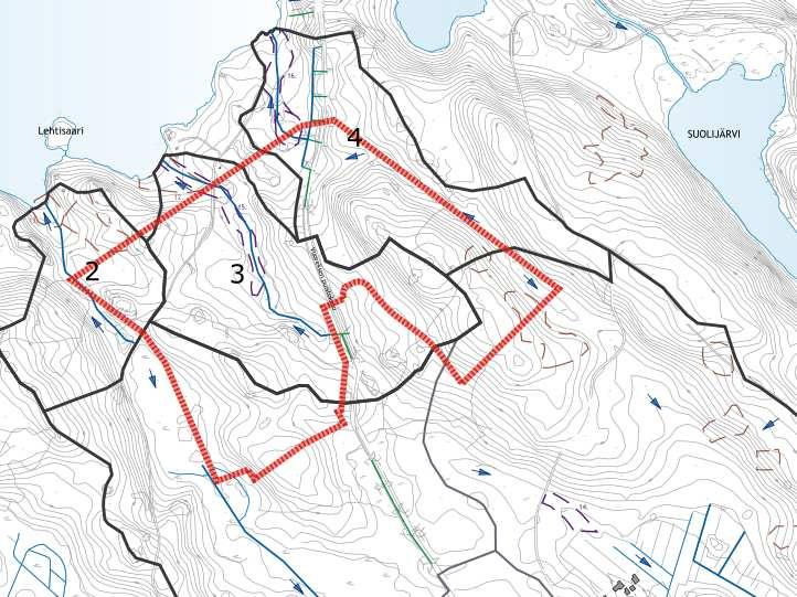 FCG SUUNNITTEU JA TEKNIIKKA OY Raportti (9) 8..06 5. uontoarvot Kuva Suunnittelualueen vedenjakajat, Isokuusi III asemakaava-alue sijaitsee valuma-alueilla,, 4 ja 5.