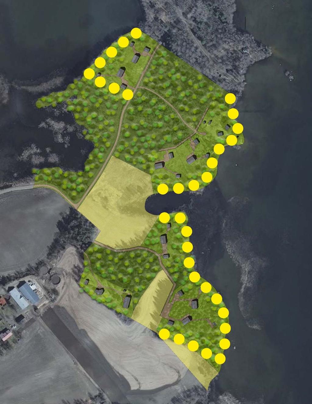 Havainnekuvassa on esitetty keltaisella pisteviivalla alueet, joille on annettu kaavamääräys puustoisena säilyttämisestä ja avohakkuu on kielletty.