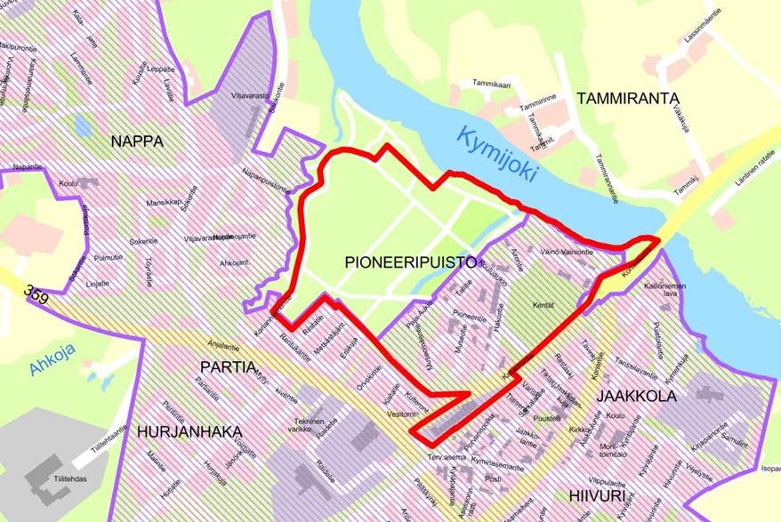 Kuva 8. Nykyinen asemakaavoitettu alue viivoituksella ja Pioneeripuiston OYK:n kaava-alueen rajaus punaisella. Vaikutusten arviointi Kuva 9. Alueella voimassa oleva asemakaava.