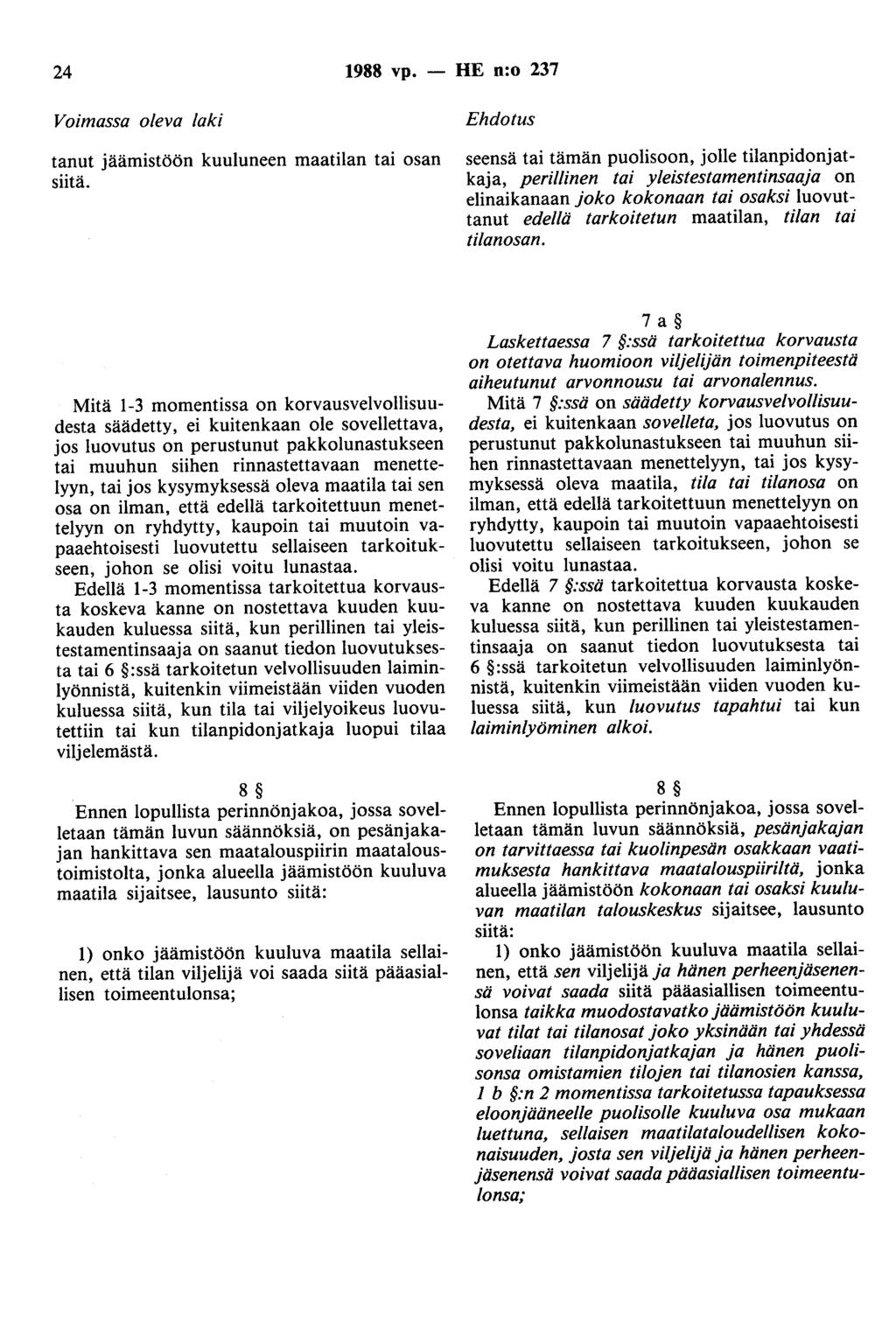 24 1988 vp. - HE n:o 237 Voimassa oleva laki tanut jäämistöön kuuluneen maatilan tai osan siitä.