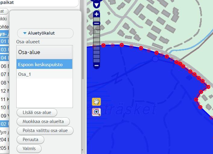 Osa-alueen muokkaus. Alue näkyy sinisenä ja reunaviiva on muokattavissa. Sijainnin määrittäminen olemassa olevalle liikuntapaikalle Jotkut liikuntapaikat saattavat olla tietokannassa ilman sijaintia.