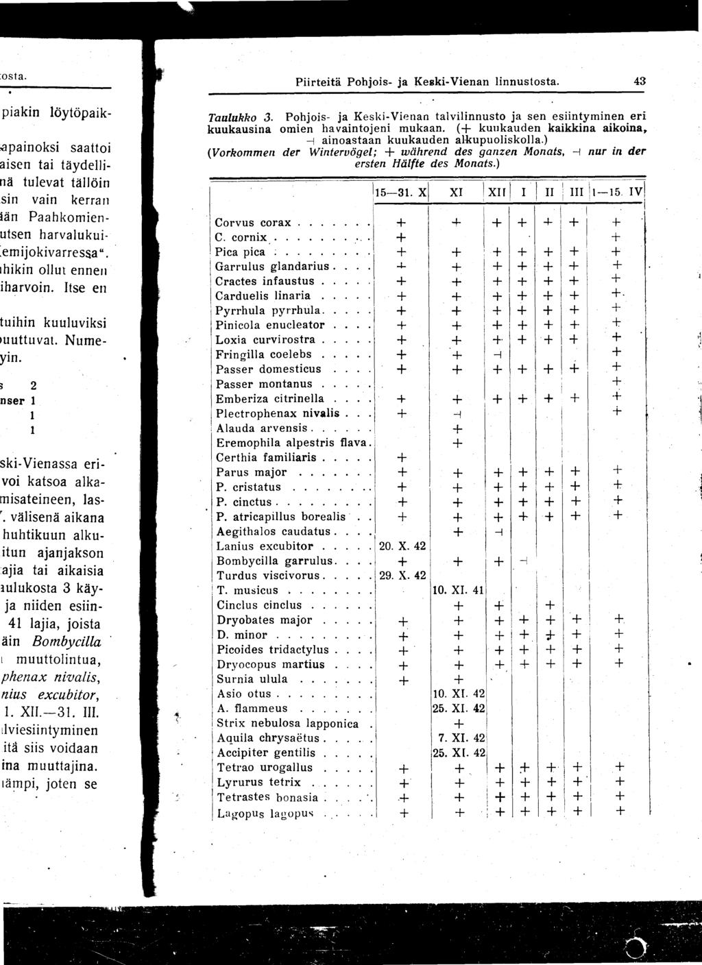 Piirteitä Pohjois- ja Keski-Vienan linnustosta. 43 Taulukko 3. Pohjois- ja Keski-Vienan talvilinnusto ja sen esiintyminen eri kuukausina omien havaintojeni mukaan.