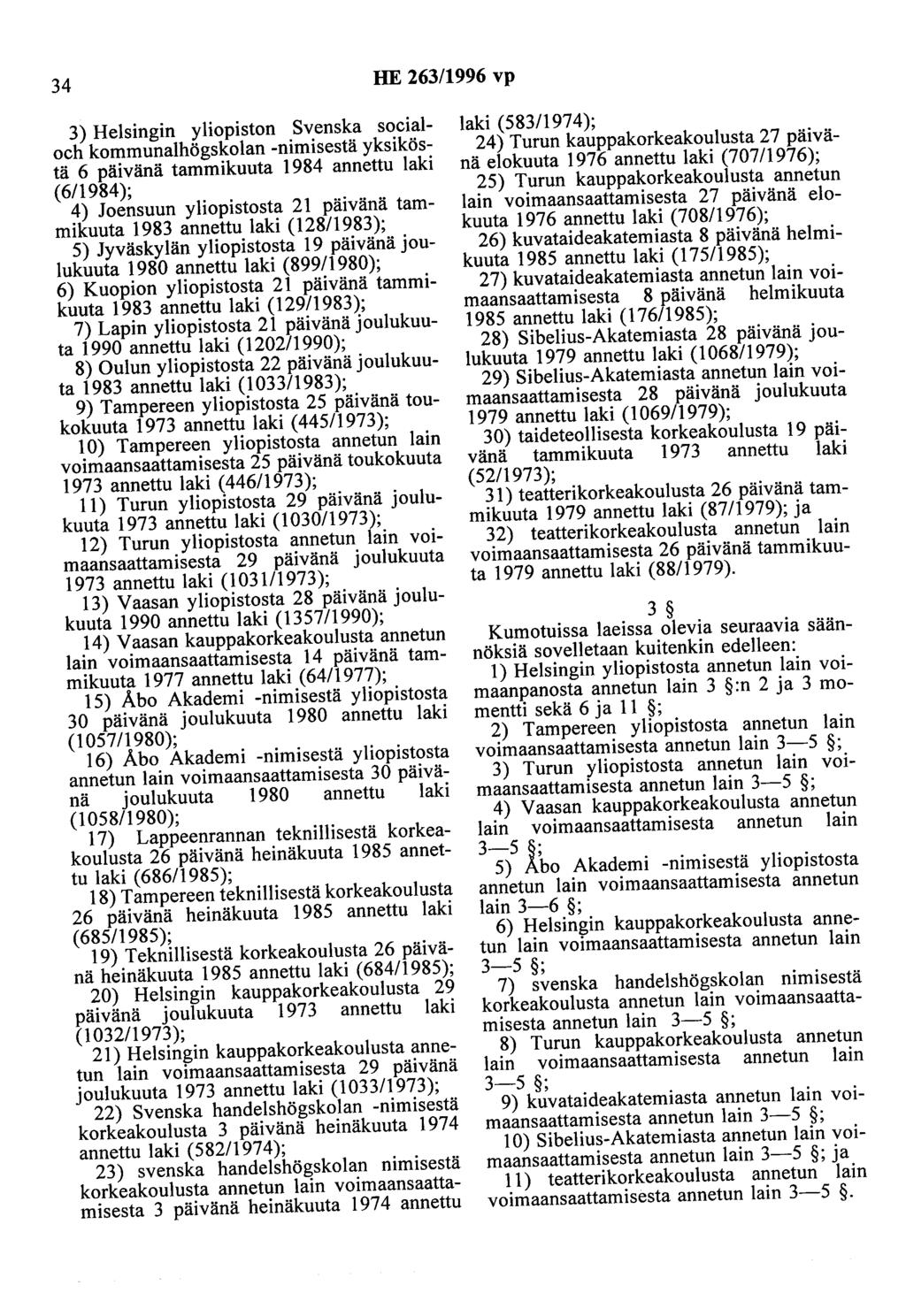 34 HE 263/1996 vp 3) Helsingin yliopiston Svenska socialoch kommunalhögskolan -nimisestä yksiköstä 6 päivänä tammikuuta 1984 annettu laki (6/1984); 4) Joensuun yliopistosta 21 päivänä tammikuuta 1983