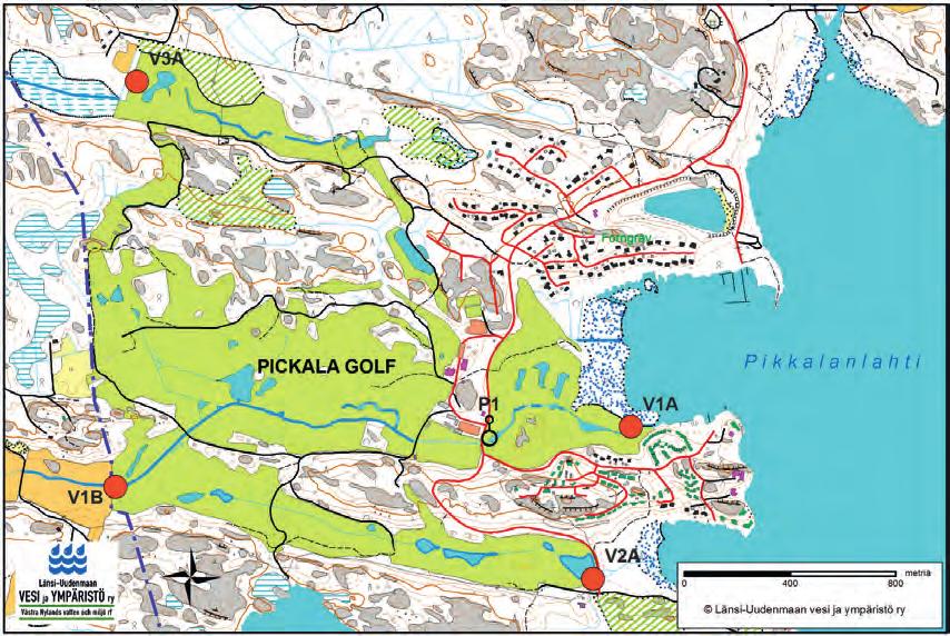 Kuva 16. Pickala golfin tarkkailun havaintopaikat V1A, V1B, V2A ja V3A, sekä pohjavesihavaintopaikka P1. MML (Maastokartta 1/217). 5.1.2 Tulokset Golfkentän näytteenotto ajoitetaan syksyyn, jolloin kentän kastelukausi on loppuvaiheessa.