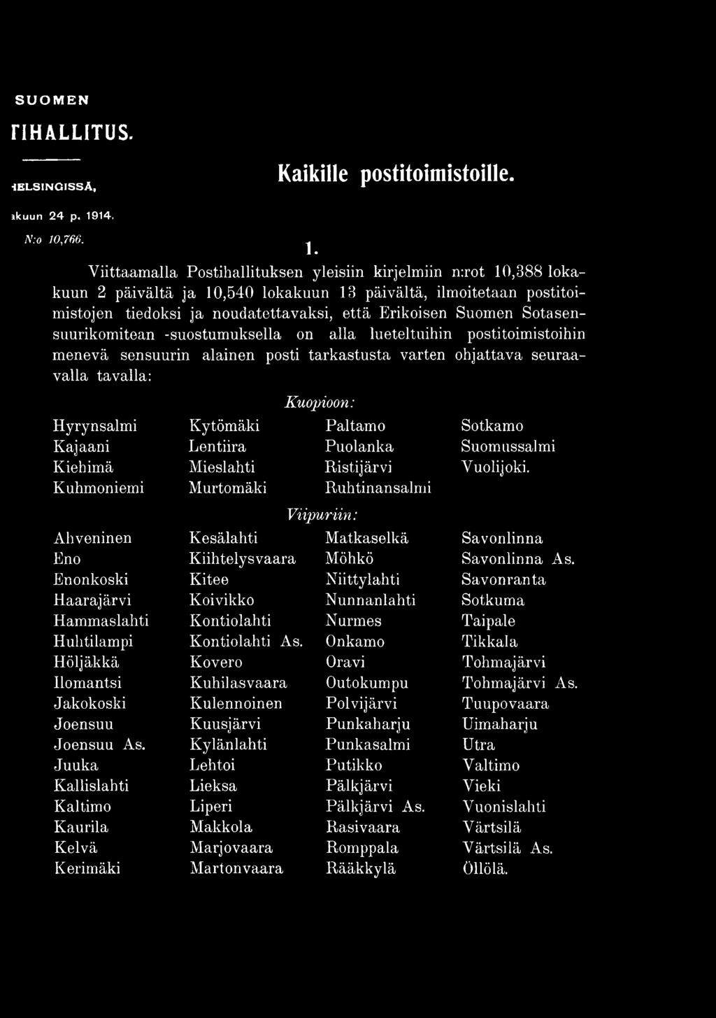 Sotasensuurikomitean -suostumuksella on alla lueteltuihin postitoimistoihin menevä sensuurin alainen posti tarkastusta varten ohjattava seuraavalla tavalla: Kuopioon: Hyrynsalmi Kytömäki Paltamo