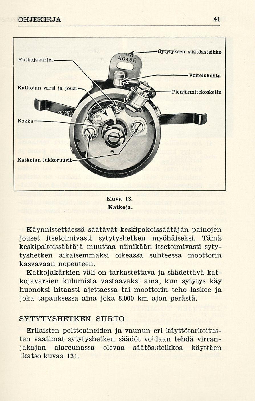 OHJEKIRJA 41 Kuva 13. Katkoja. Käynnistettäessä säätävät keskipakoissäätäjän painojen jouset itsetoimivasti sytytyshetken myöhäiseksi.