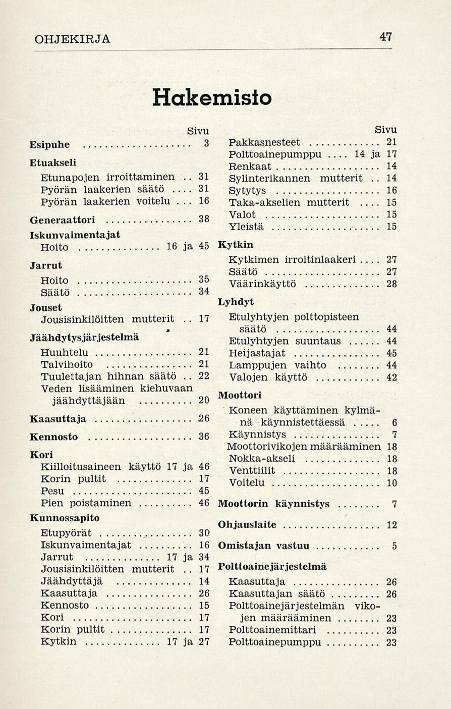 16 14 OHJEKIRJA 47 Hakemisto Sivu Sivu Esipuhe 3 Pakkasnesteet 21 Etuakseli Polttoainepumppu... ja 17 Renkaat 14 Etunapojen irroittaminen.. 31 Sylinterikannen mutterit.. 14 Pyörän laakerien säätö.