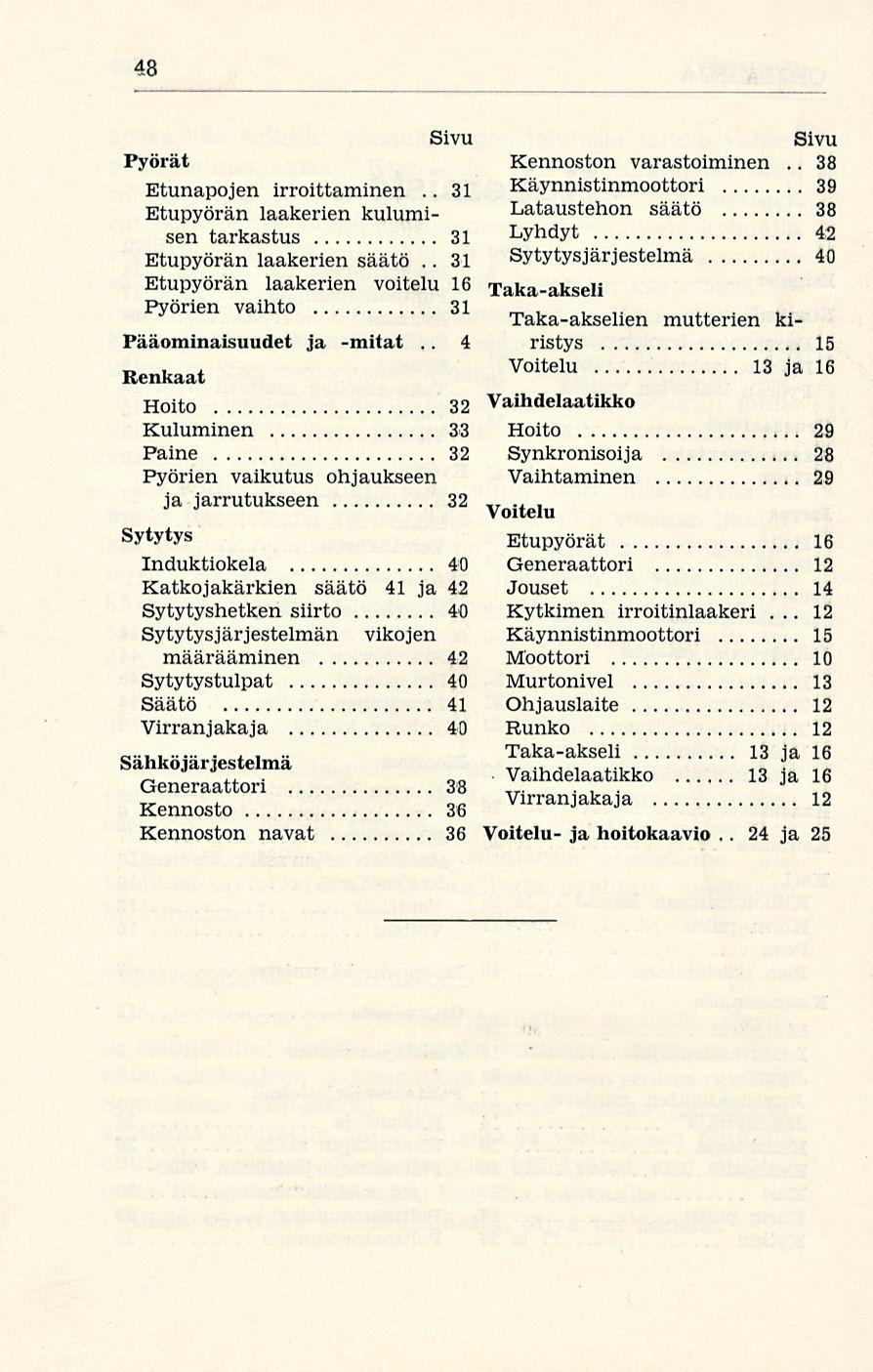 48... 12 Sivu Sivu Pyörät Kennoston varastoiminen.. 38 Etunapojen irroittaminen.