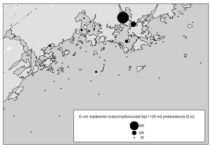 4.2.3 Veden hygieeninen laatu Meriveden hygieeninen laatu on esitetty Escherichia coli -bakteerien maksimipitoisuuksina pintavedessä vuonna 27.